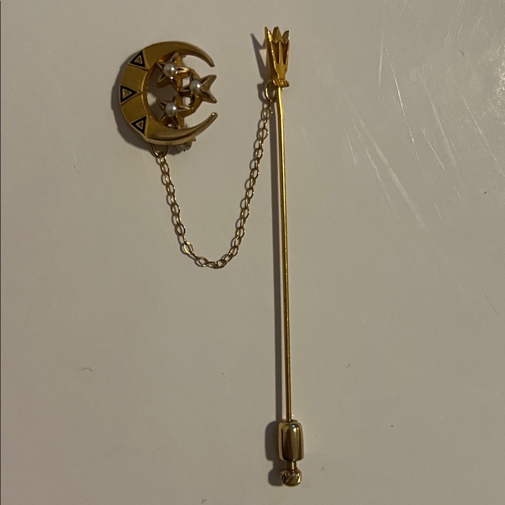 Vintage Art Deco 10K Gold Tri Delta Moon & Star Chain Stick Pin Brooch - Picture 13 of 14